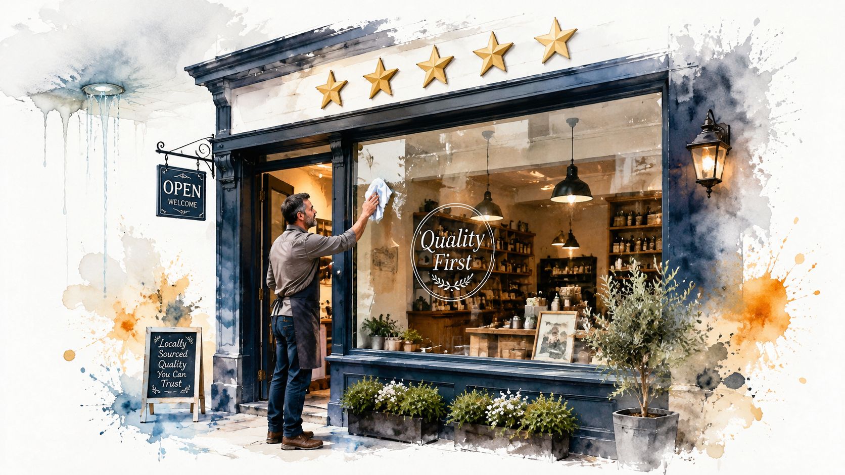 How To Get More Google Reviews: Boost Your Uk Business 2 A Shopkeeper Cleaning The Glass Front Of His Business Which Has A Five Star Rating Sign Above.