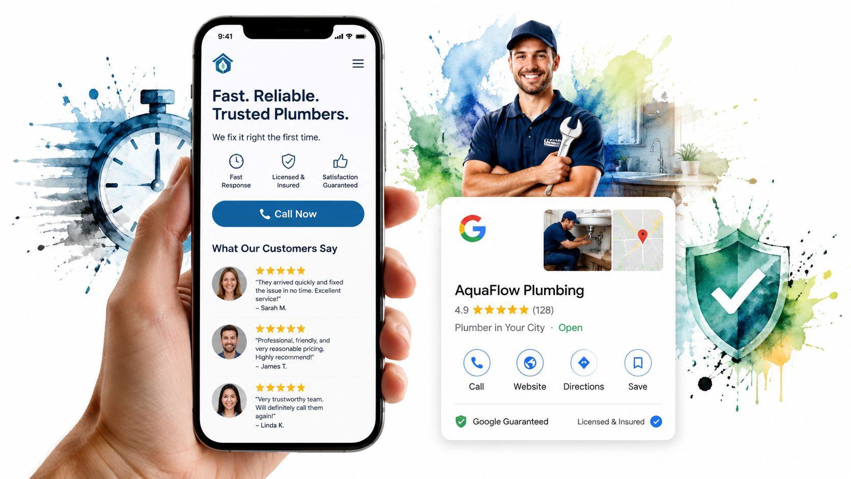 Lead Generation Seo: Drive Uk Service Business Growth 4 A Hand Holding A Smartphone Showing A Plumbing Service Website Next To A Google Business Profile.