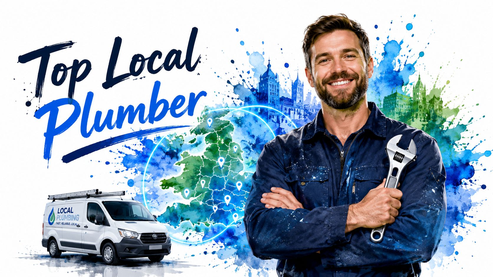 Local Seo Services: Your 2026 Uk Guide 3 A Professional Plumber Smiling With A Wrench In Front Of A Map Of The United Kingdom.