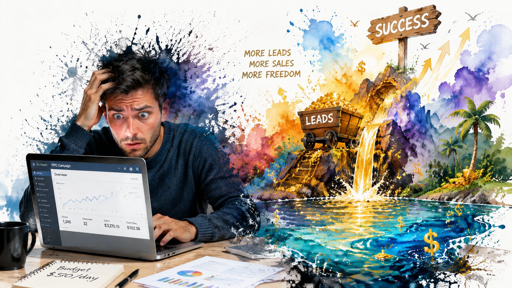 Ppc Services Packages: A Uk Small Business Guide For 2026 1 A Stressed Man Looking At His Laptop Screen Analyzing Ppc Campaign Performance And Marketing Data.