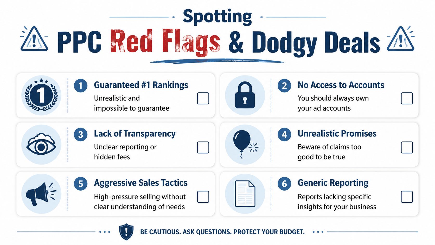 Ppc Services Packages: A Uk Small Business Guide For 2026 4 An Infographic Titled Spotting Ppc Red Flags And Dodgy Deals Listing Six Warning Signs For Advertisers.