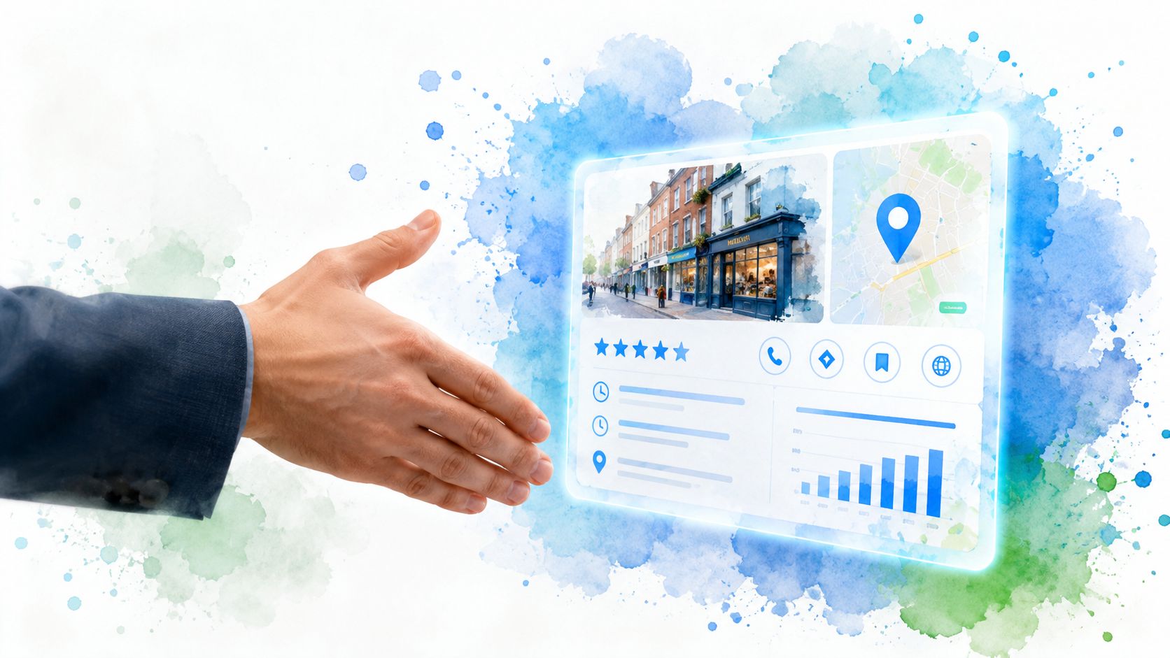 Search Engine Optimization Northampton: 2026 Local Playbook 1 A Professional Handshake Gesture Pointing Towards A Digital Interface Displaying Business Listing, Map, And Analytics Data.