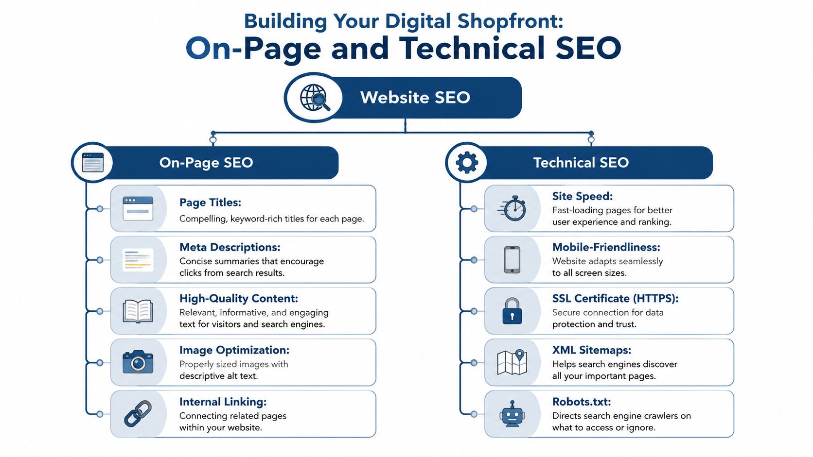 Search Engine Optimization Northampton: 2026 Local Playbook 3 An Infographic Titled Building Your Digital Shopfront Illustrating The Key Components Of On-Page And Technical Seo.