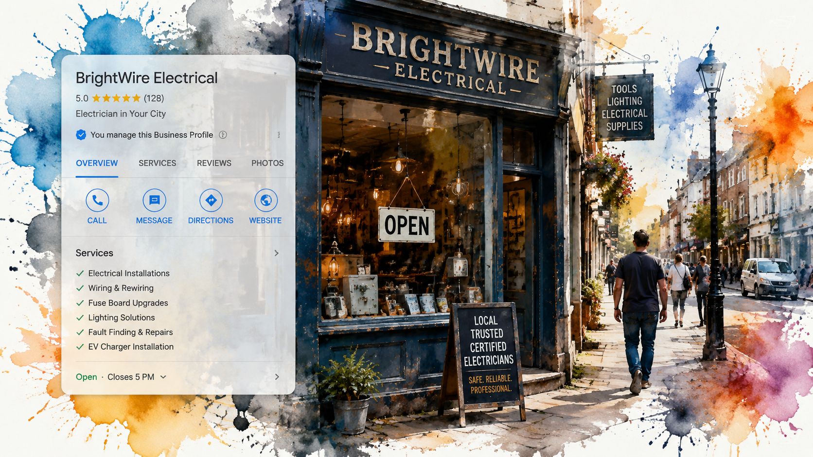Expert Seo For Electricians: Dominate Local Search 2 A Creative Watercolor Digital Illustration Showing A Local Electrical Supply Business Storefront With A Google Business Profile Overlay.