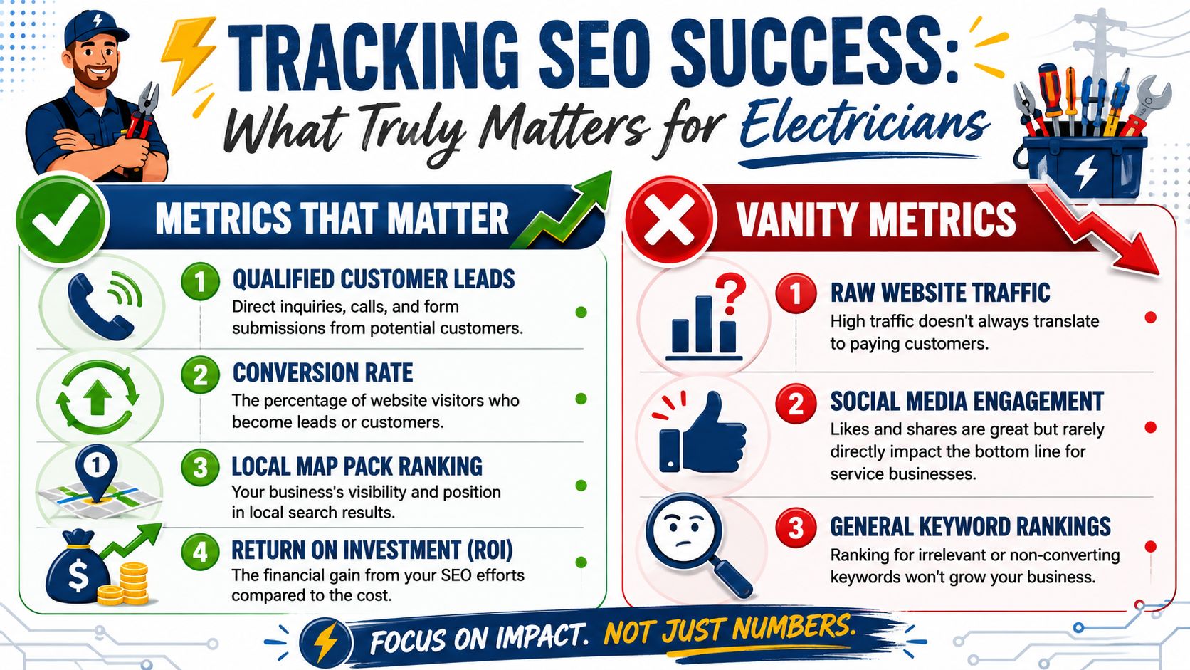 Expert Seo For Electricians: Dominate Local Search 4 An Infographic Comparing Important Seo Metrics For Electricians Versus Vanity Metrics To Avoid For Business Growth.