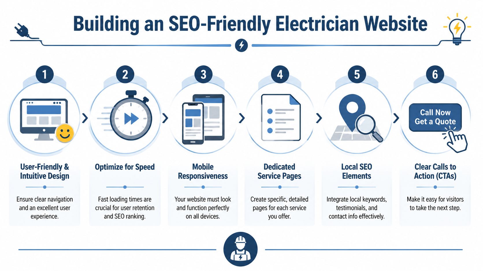 Expert Seo For Electricians: Dominate Local Search 3 A Six-Step Infographic Illustrating The Essential Elements Required To Build An Seo-Friendly Website For Professional Electricians.
