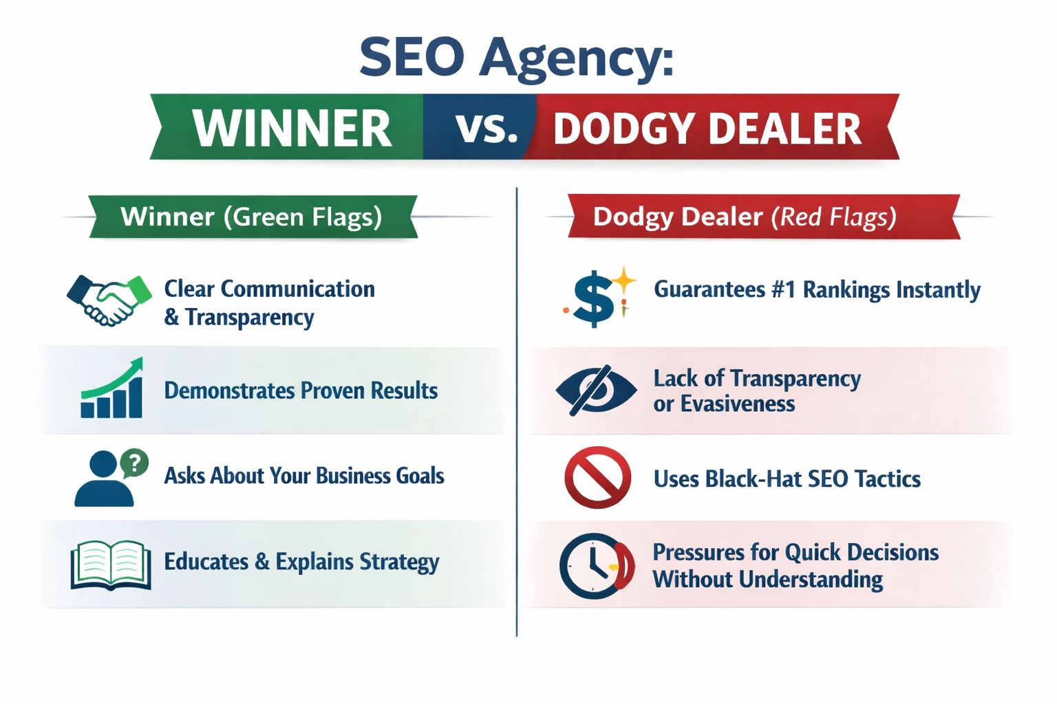 Best Seo Package Uk: Your 2026 Guide To Choosing A Partner 3 A Comparison Infographic Between Professional Seo Agencies, Featuring Green Flags, And Unreliable Agencies, Highlighting Red Flags.