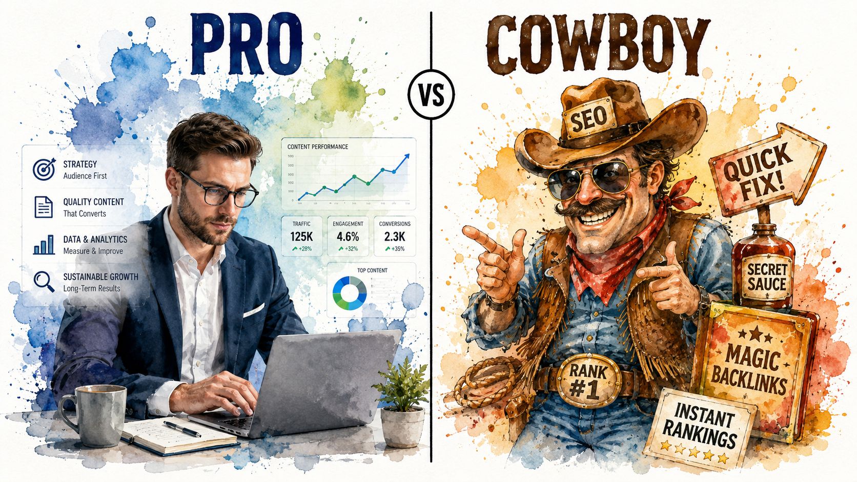 Unlock Roi With B2B Content Marketing Services In 2026 3 A Split Image Contrasting A Professional Seo Strategist With A Cowboy Character Using Quick-Fix, Black-Hat Tactics.