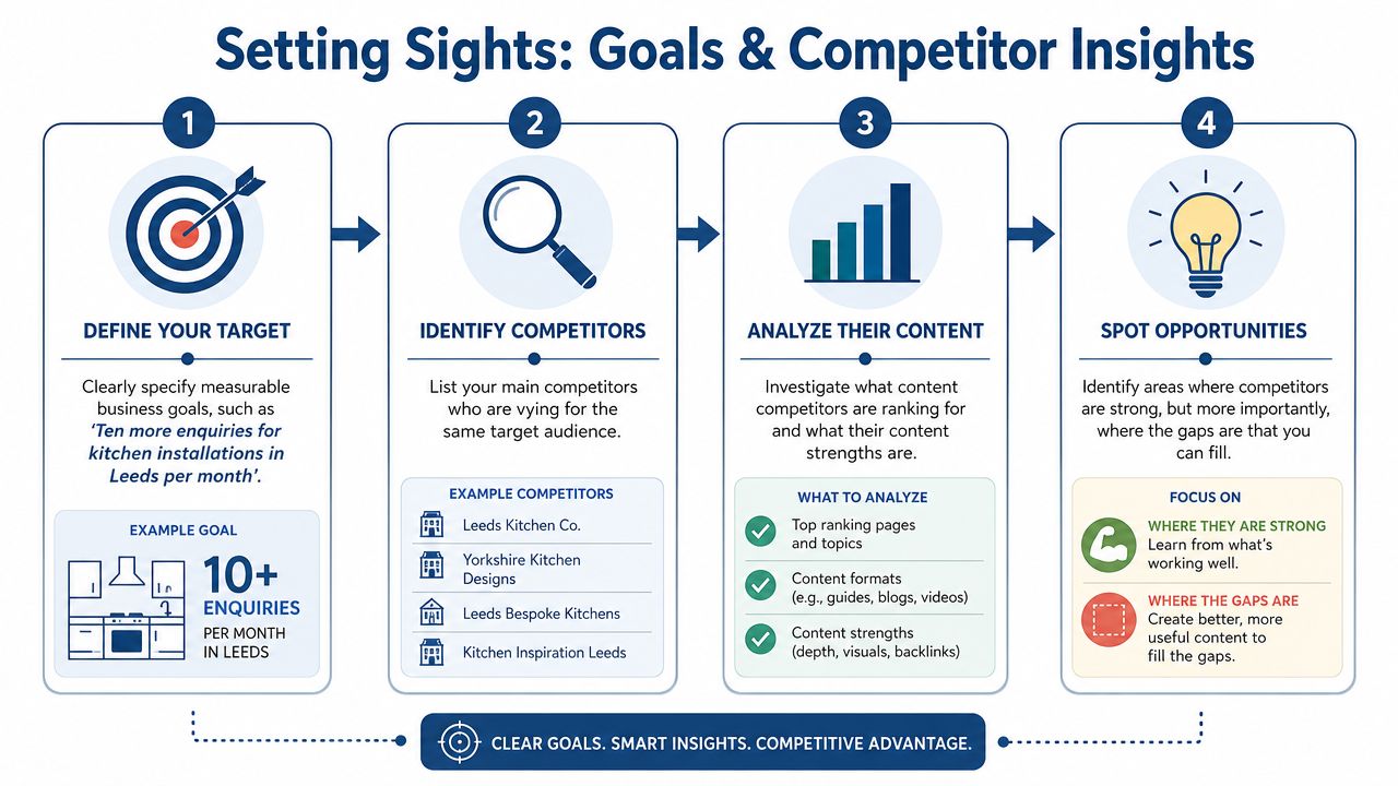 Content Gap Analysis: Your 2026 Guide For Uk Businesses 1 A Four-Step Infographic Showing How To Set Business Goals And Perform A Competitor Content Gap Analysis.