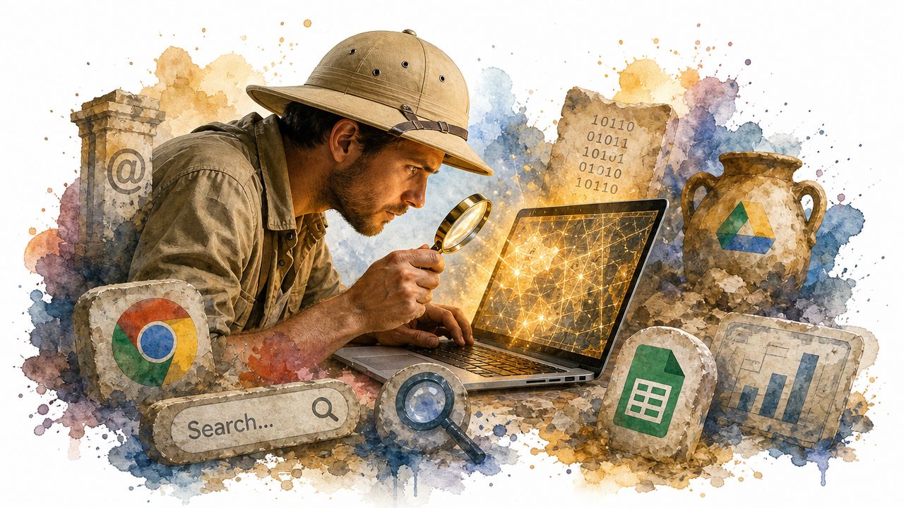 Content Gap Analysis: Your 2026 Guide For Uk Businesses 2 A Modern Explorer Uses A Magnifying Glass To Investigate Digital Data And Google Icons On A Laptop.