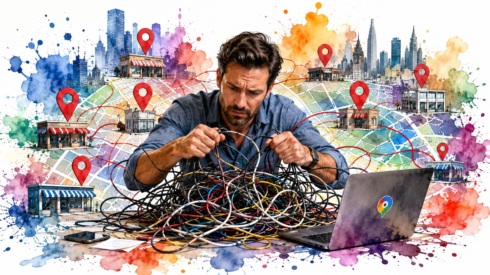 Google Business Profile Management: Your 2026 Uk Guide 3 Stressed Business Owner Struggling With Complex Tangle Of Cables While Managing Multiple Google Business Profile Locations Online.