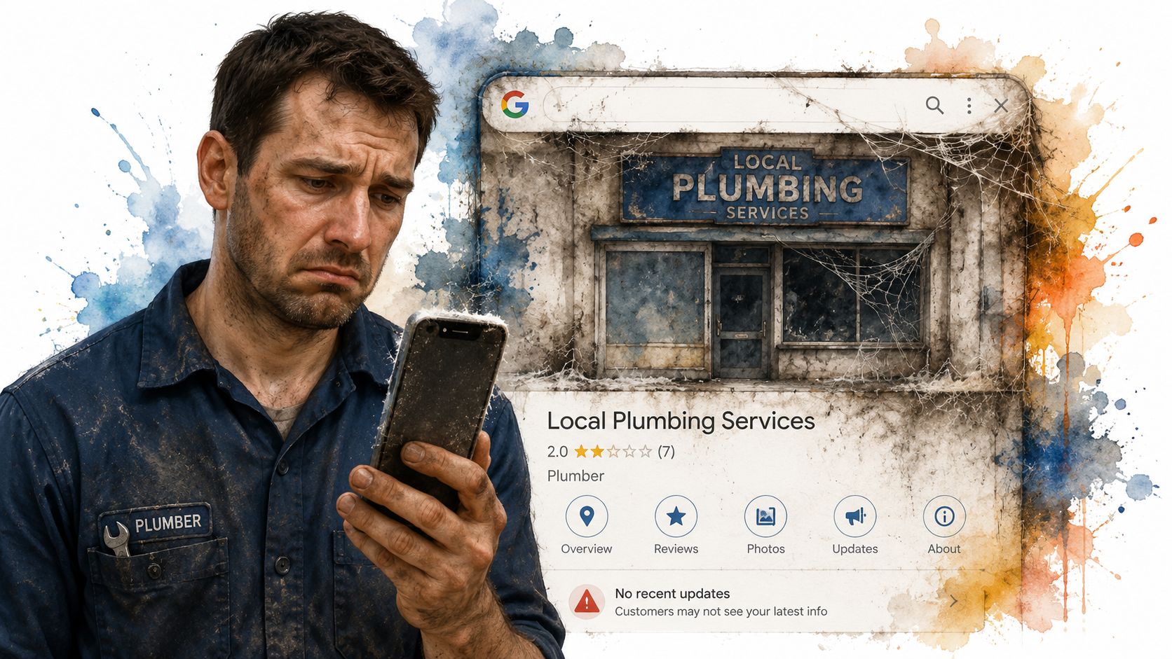 Google Business Profile Management: Your 2026 Uk Guide 1 A Dirty Plumber Looks At His Phone While Displaying A Neglected Google Business Profile For Local Plumbing Services.