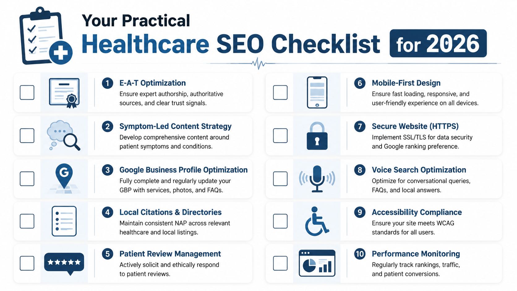 Healthcare Seo: Your 2026 Uk Guide To Attracting Patients 4 A Checklist Infographic Titled Your Practical Healthcare Seo Checklist For 2026 Outlining Ten Key Digital Strategies.