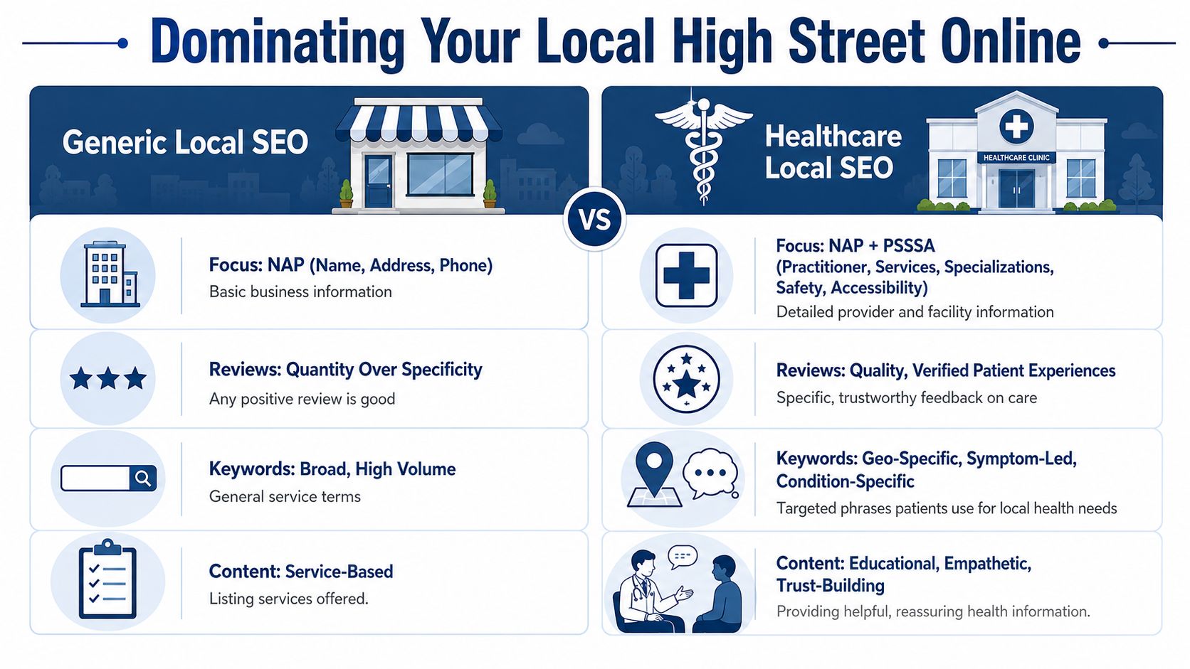 Healthcare Seo: Your 2026 Uk Guide To Attracting Patients 3 An Infographic Comparing Generic Local Seo Strategies To Specialized Healthcare Local Seo For Medical Practices.