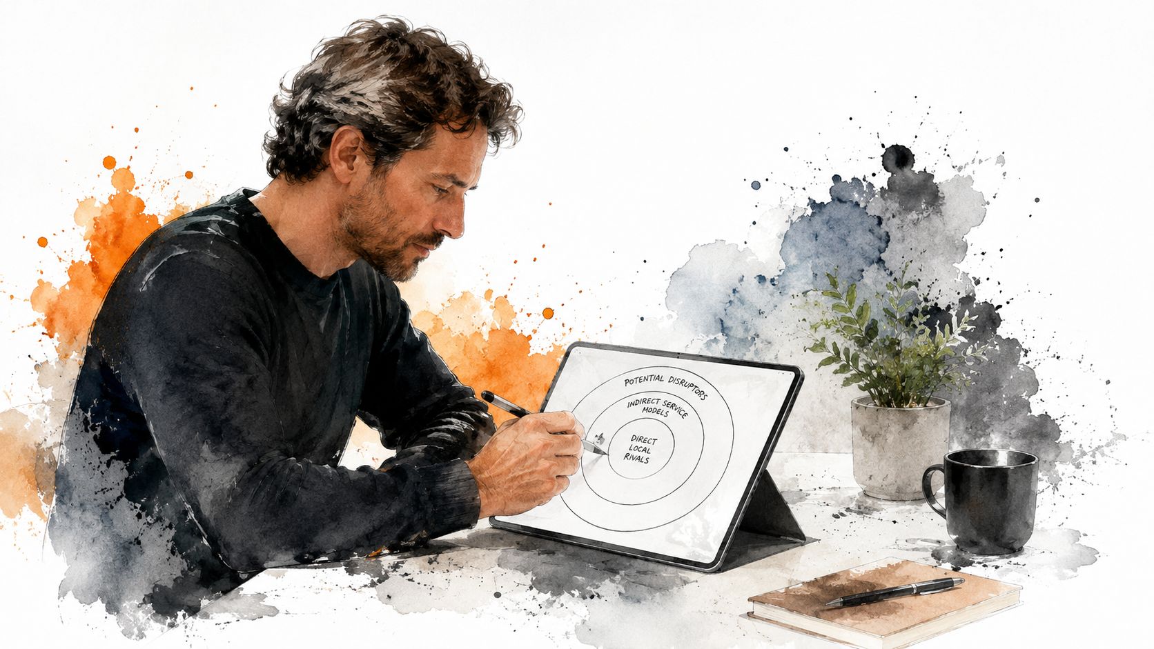 How To Analyze Competitors For Uk Local Seo Wins 1 A Man Sketching A Competitor Analysis Diagram On A Digital Tablet At His Desk In Watercolor Style.