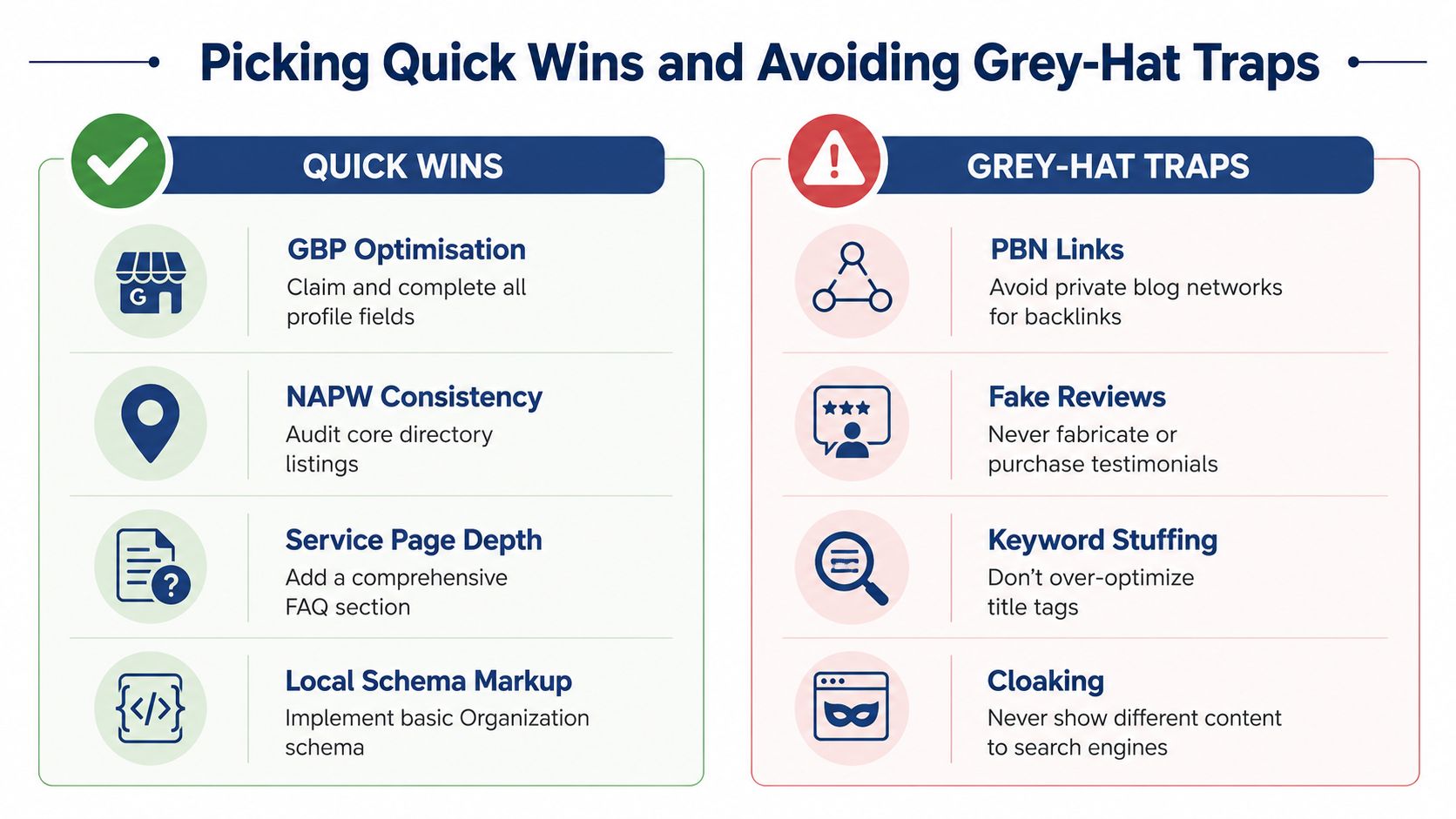 How To Analyze Competitors For Uk Local Seo Wins 3 An Infographic Comparing Beneficial Quick Wins In Seo Against Risky Grey-Hat Traps To Avoid.