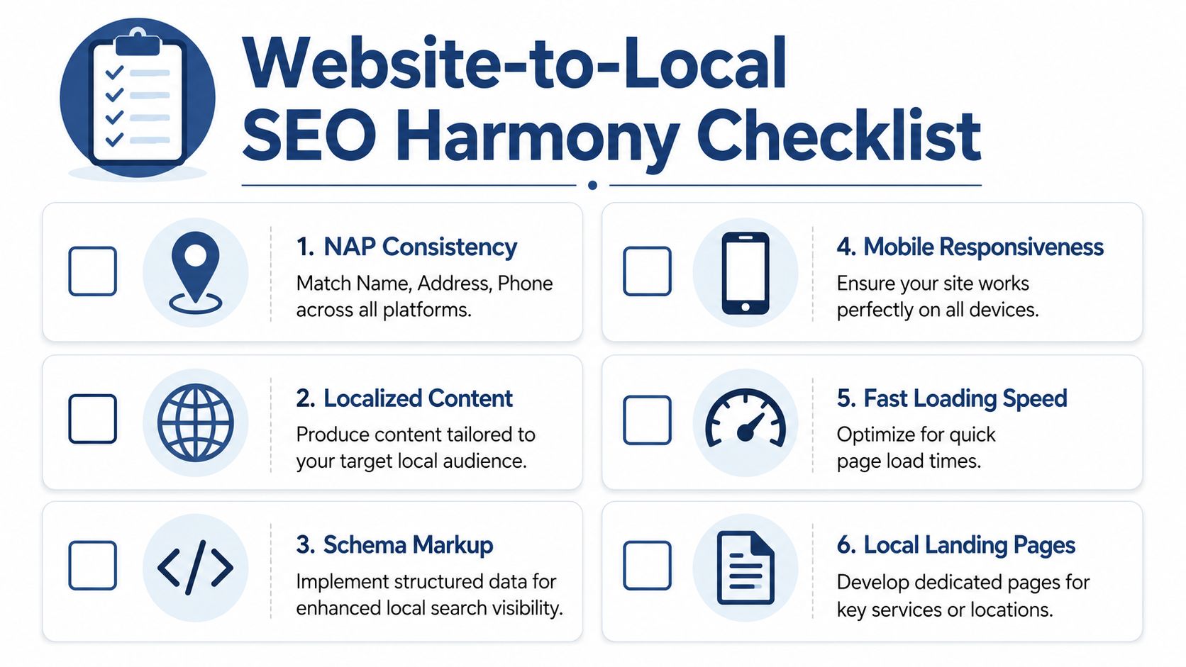 How To Rank Higher On Google Maps: A Uk Business Guide 3 A Checklist Infographic Titled Website-To-Local Seo Harmony Checklist Illustrating Six Key Strategies For Improving Local Search Ranking.