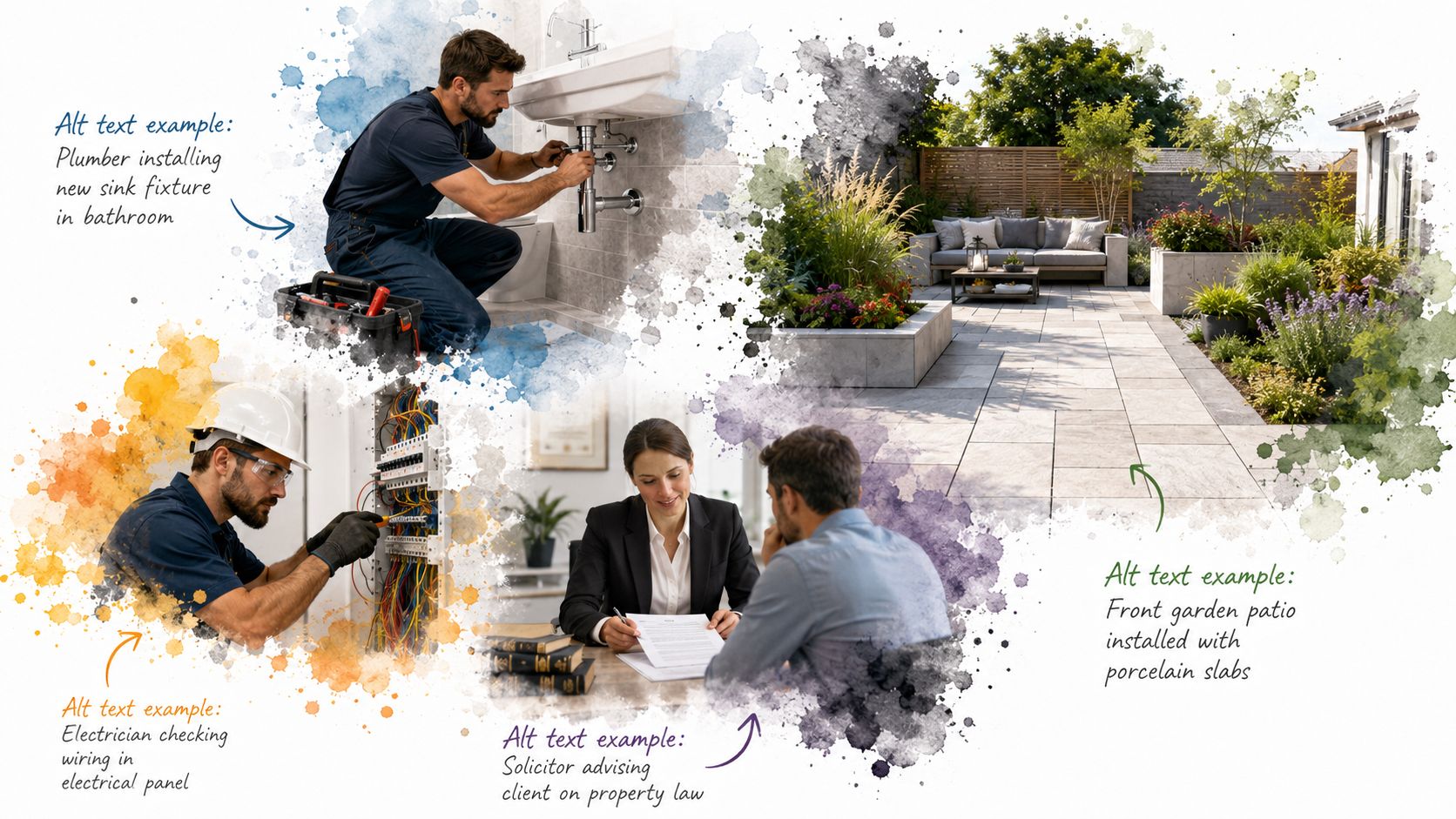 Mastering Image Alt Text Seo For Uk Businesses 3 A Collage Showing A Plumber, Electrician, Solicitor, And Patio Garden Design For Home Service Business Marketing.