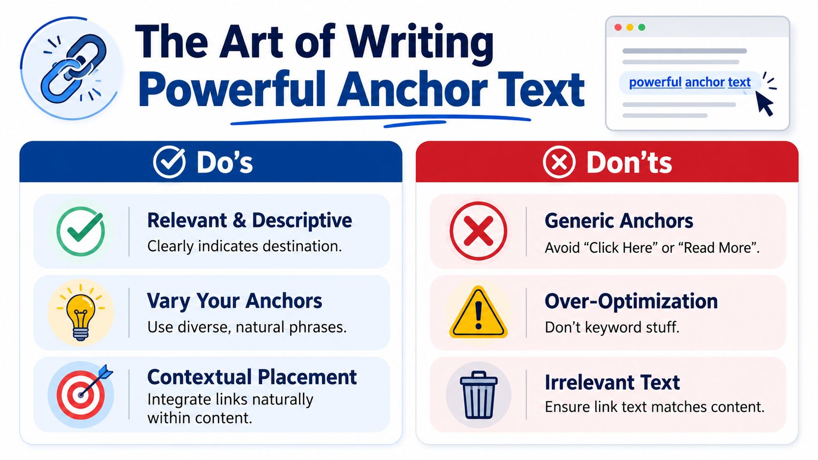 Internal Linking Best Practices: Boost Your Seo 3 An Infographic Titled The Art Of Writing Powerful Anchor Text Detailing Seo Do&Amp;Apos;S And Don&Amp;Apos;Ts For Links.