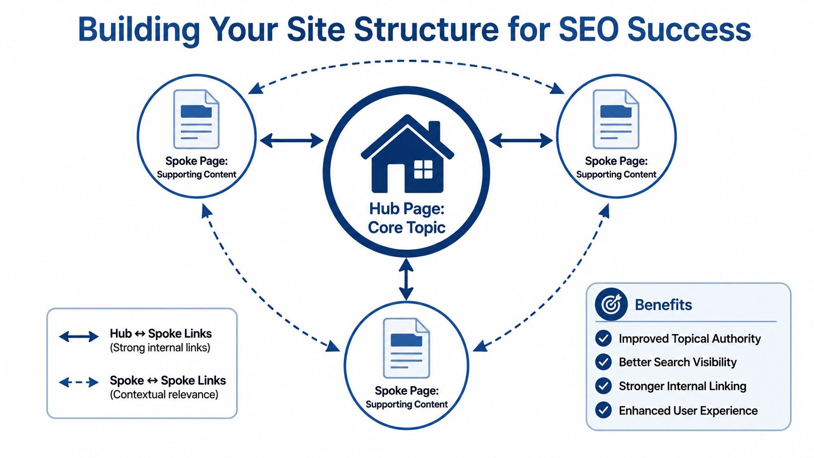 Internal Linking Best Practices: Boost Your Seo 2 A Diagram Illustrating A Hub And Spoke Site Structure Model For Improved Seo And Internal Linking Strategies.