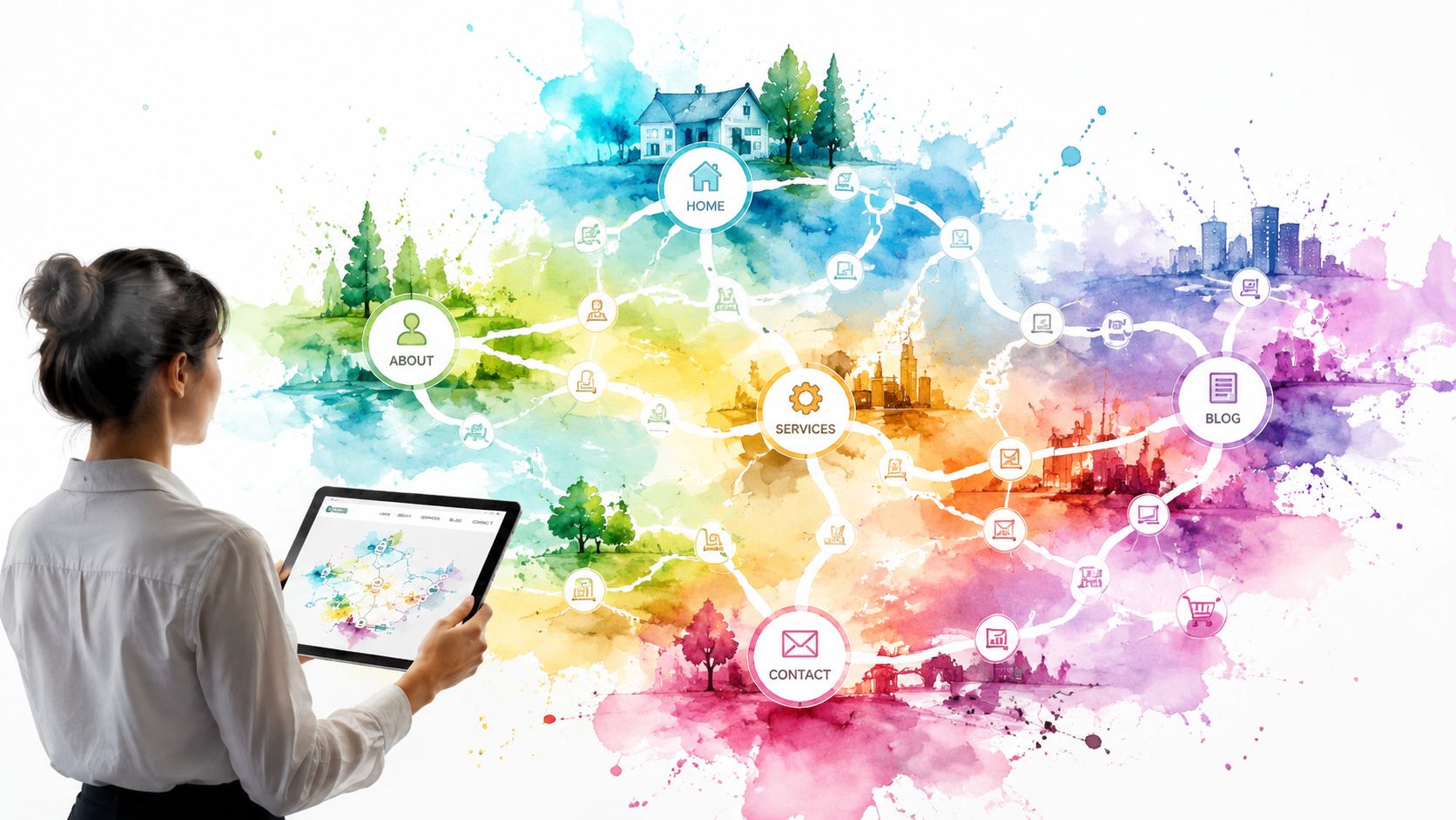 Internal Linking Best Practices: Boost Your Seo 1 A Woman Using A Digital Tablet To Manage An Abstract Network Of Website Navigation Icons And Connections.