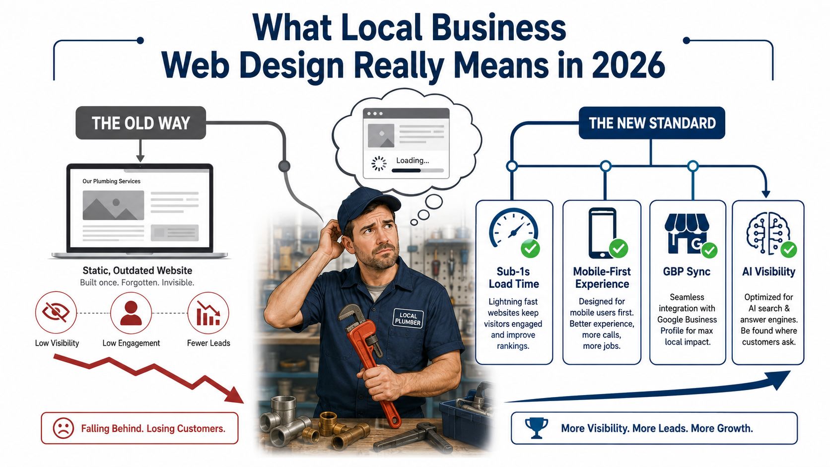 Local Business Web Design That Actually Wins Uk Customers 1 A Comparison Infographic Showing Outdated Web Design Versus The New 2026 Standard For Local Business Websites.