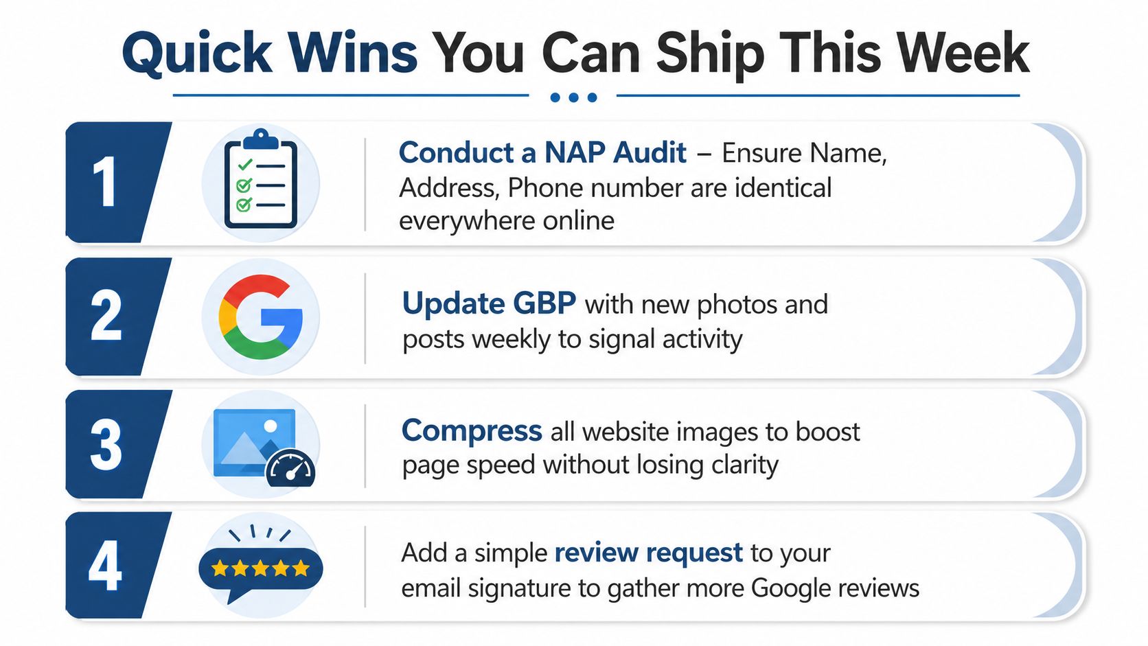 Local Business Web Design That Actually Wins Uk Customers 3 A Checklist Infographic Titled Quick Wins You Can Ship This Week For Local Business Growth Strategy.