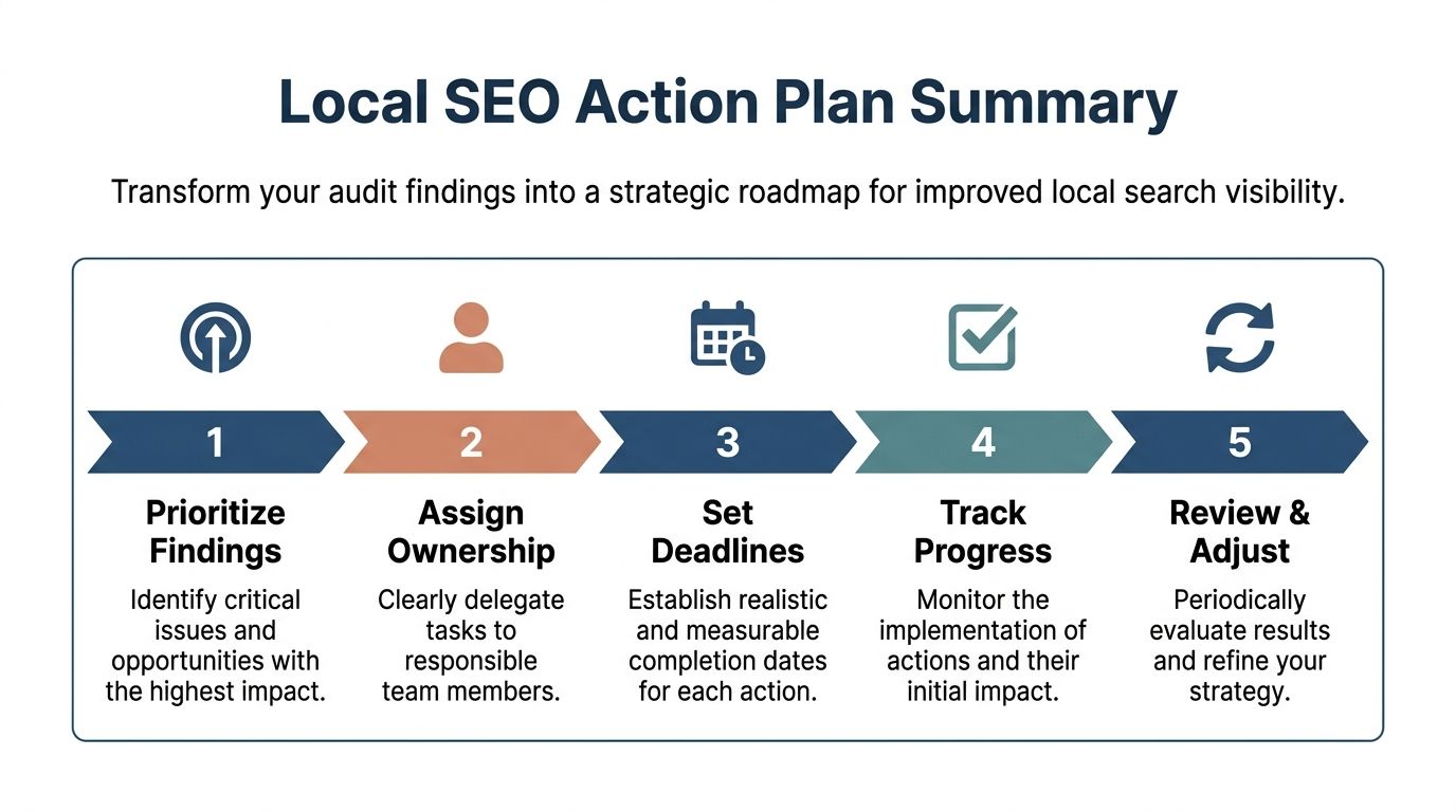 Your 2026 Local Seo Audit: A Uk Business Guide 4 A Five-Step Infographic Outlining A Strategic Action Plan For Improving Local Search Visibility And Seo Audit Results.