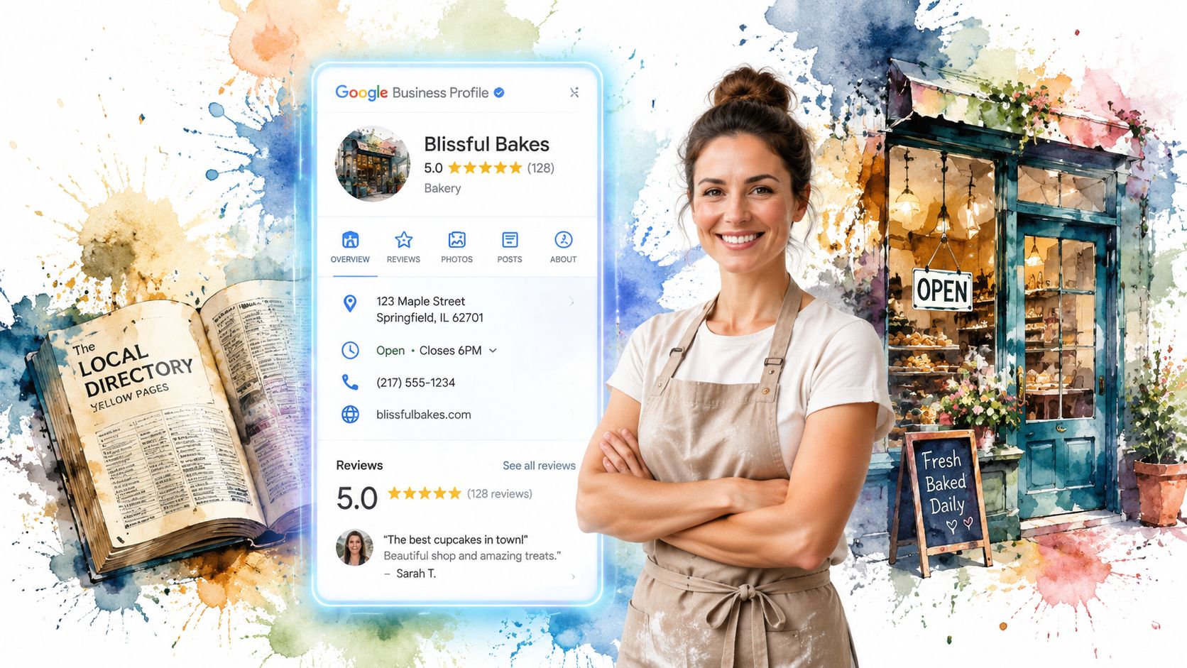 Your 2026 Local Seo Audit: A Uk Business Guide 2 A Happy Baker Stands In Front Of Her Store, Displayed Next To A Digital Local Business Profile.
