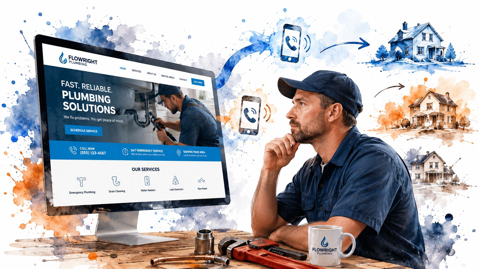 Local Seo For Plumbers: Rank First In 2026 3 A Professional Plumber Sits At A Desk Viewing A Flowright Plumbing Website On A Computer Monitor.