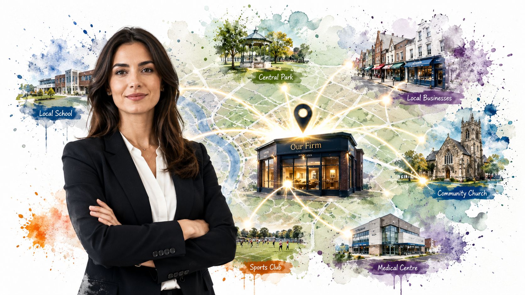 Local Seo For Solicitors: Essential 2026 Guide 4 A Professional Woman Standing Before A Stylized Map Highlighting Local Services Connected To A Law Firm.