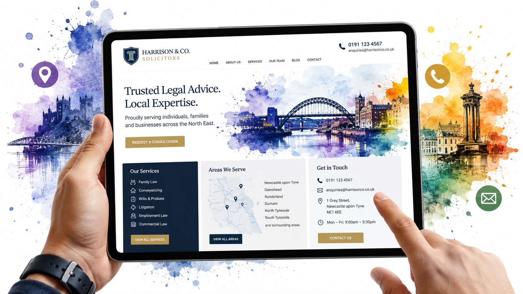 Local Seo For Solicitors: Essential 2026 Guide 3 A Digital Tablet Displaying A Professional Legal Services Website With A Watercolor Design And Contact Information.