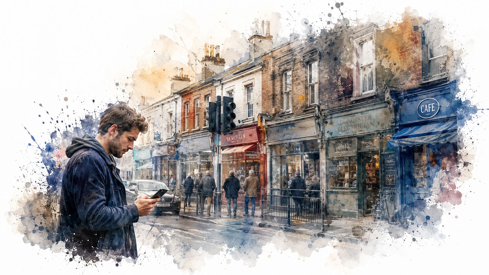 Local Seo Services For Small Business: Your 2026 Guide 1 A Man Looks At His Phone While Walking Past Small Business Storefronts On A City Street.