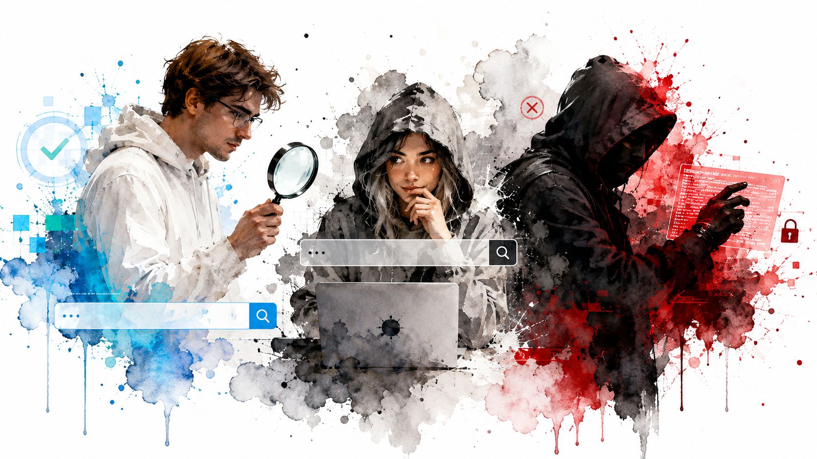 Local Seo Services For Small Business: Your 2026 Guide 3 A Digital Illustration Showing A Man, A Woman, And A Hacker Interacting With Digital Search Tools.