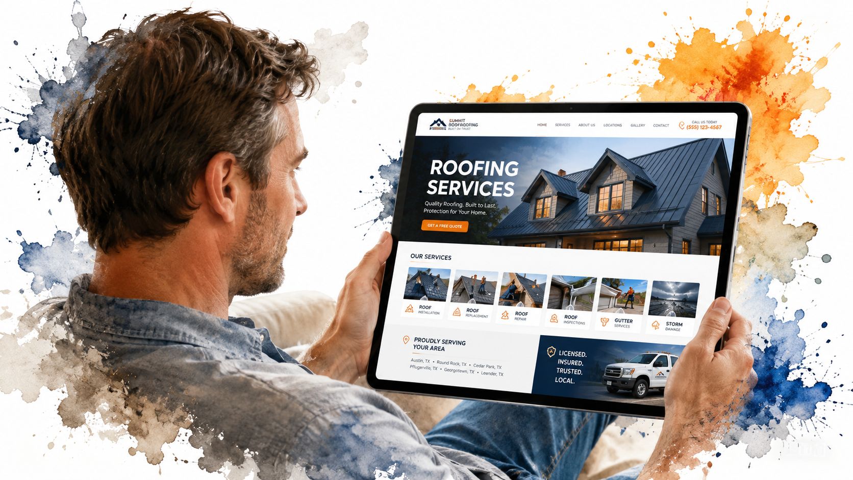 Roofing Company Seo: Your 2026 Uk Success Guide 2 A Man Holding A Tablet Displaying A Professional Roofing Company Website Service Page.