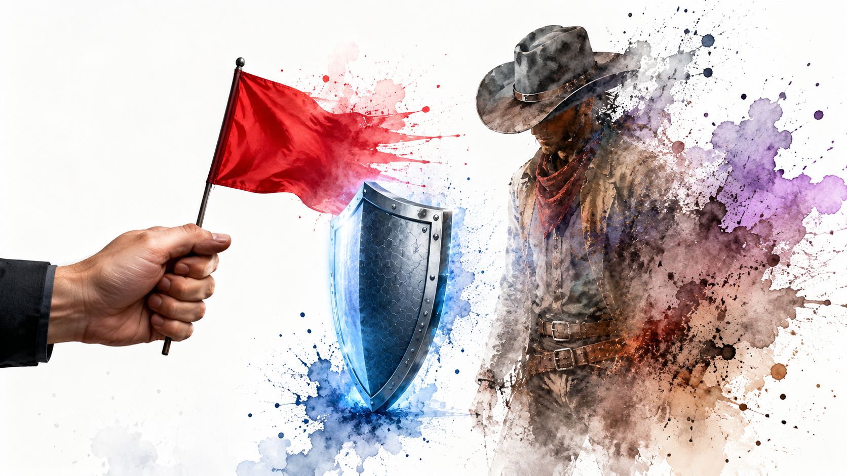 Search Engine Optimization Cost Uk: Your 2026 Pricing Guide 3 A Conceptual Illustration Showing A Hand Holding A Red Flag Behind A Metal Shield Facing A Cowboy.