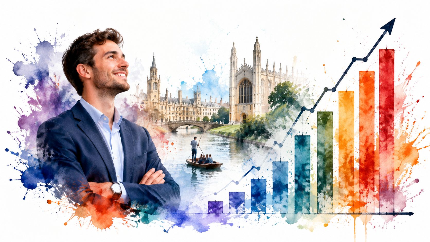 Seo Cambridge Uk: Boost Your 2026 Local Rankings 3 A Professional Man Looking Up With A Backdrop Of Cambridge Scenery And An Upward Growth Chart.