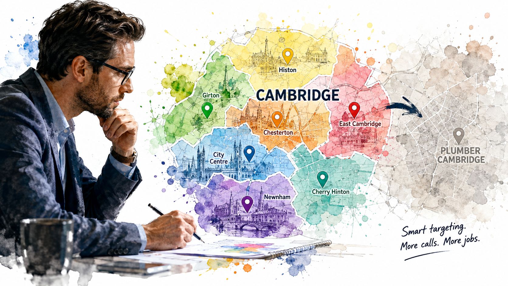 Seo Cambridge Uk: Boost Your 2026 Local Rankings 2 A Professional Man Planning A Marketing Strategy For Plumbing Services Across Various Neighborhoods In Cambridge, Uk.