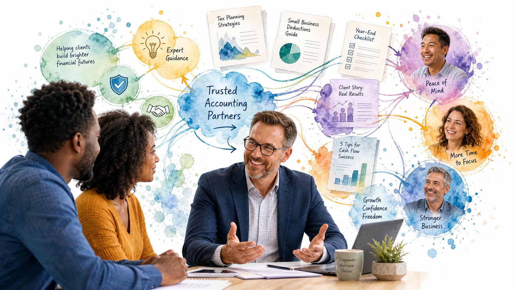 Seo For Accountants: A Uk Guide To Getting More Clients 4 A Professional Accountant Consults With A Couple, Surrounded By Illustrated Financial Services And Satisfied Client Portraits.