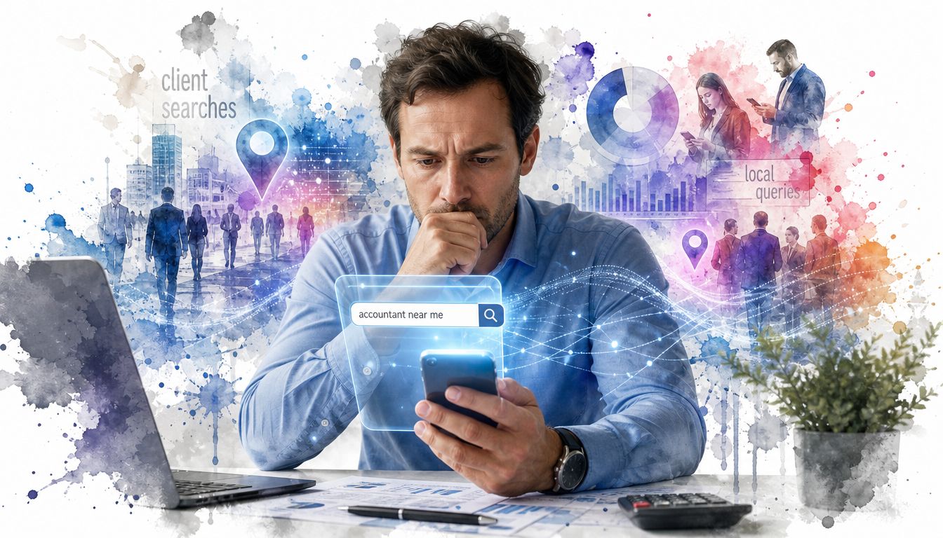 Seo For Accountants: A Uk Guide To Getting More Clients 1 A Professional Accountant Analyzing Business Data On His Smartphone With Digital Search Overlays And Business Analytics Graphics.