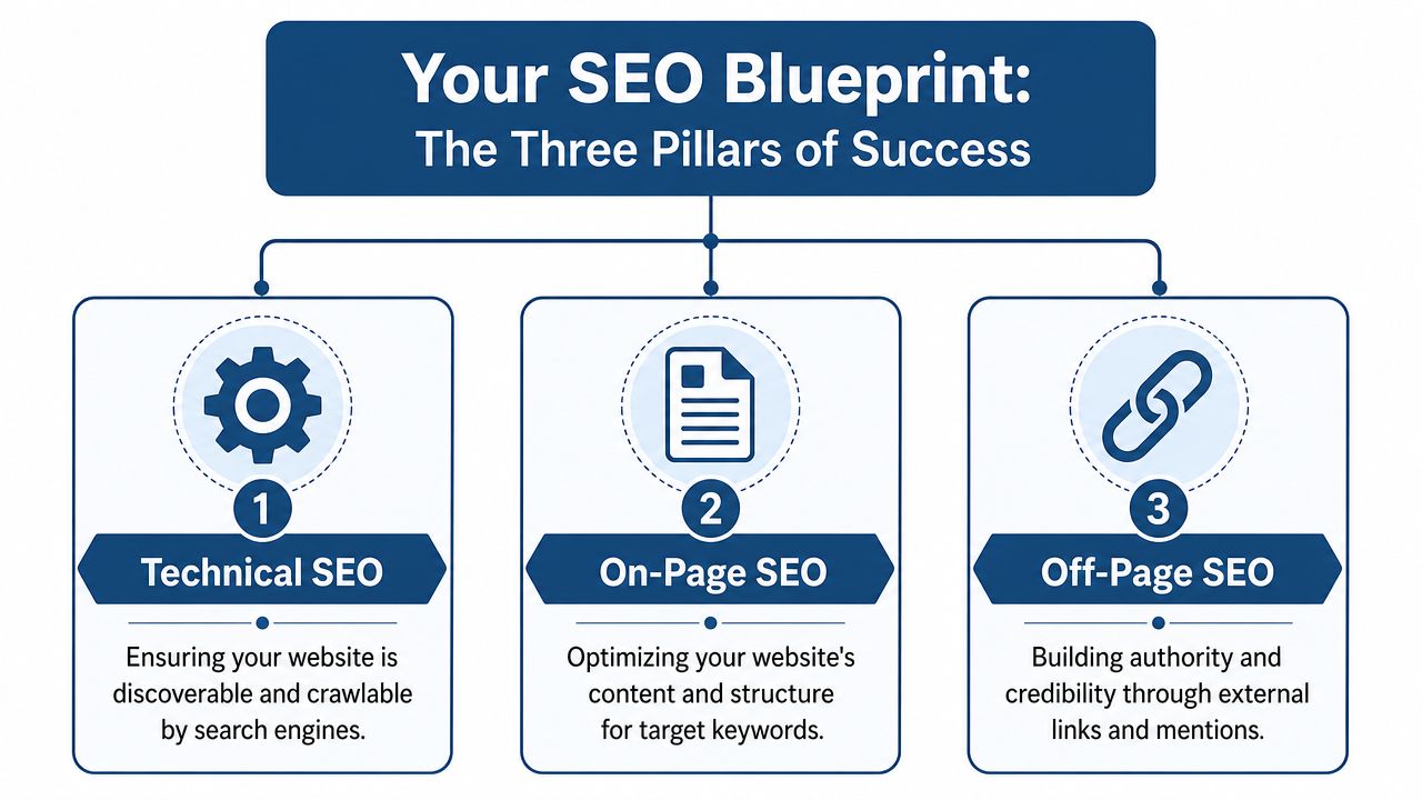 Seo For Accountants: A Uk Guide To Getting More Clients 2 An Infographic Titled Your Seo Blueprint Illustrating The Three Key Pillars: Technical, On-Page, And Off-Page Seo.