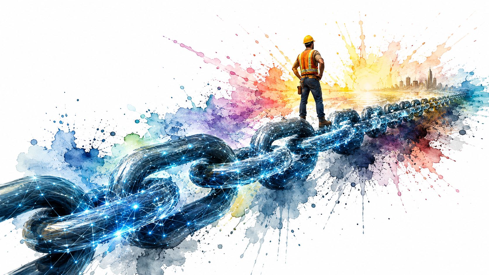 Seo For Construction Companies: A Uk Builder'S Guide 2026 4 A Construction Worker Stands On A Digital Chain Bridge Leading Toward A Glowing, Colorful City Skyline.