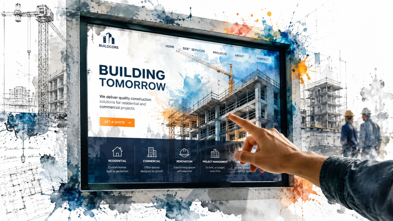 Seo For Construction Companies: A Uk Builder'S Guide 2026 2 A Hand Touching A Screen Displaying A Construction Company Website With Architectural Blueprints And Watercolor Accents.