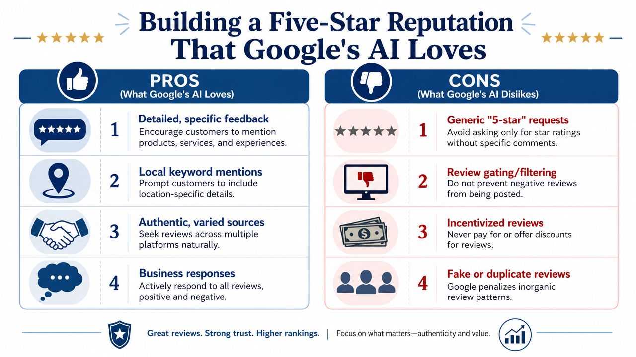 Small Business Local Seo: 2026 Uk Guide 2 An Infographic Titled Building A Five-Star Reputation That Google&Amp;Apos;S Ai Loves, Showing Best Practices For Online Reviews.
