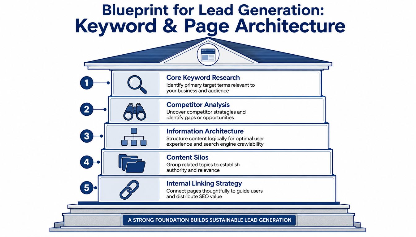 Website Design For Lead Generation: Uk Guide 2026 1 A Diagram Illustrating A Five-Step Blueprint For Seo Lead Generation And Strategic Website Content Architecture.