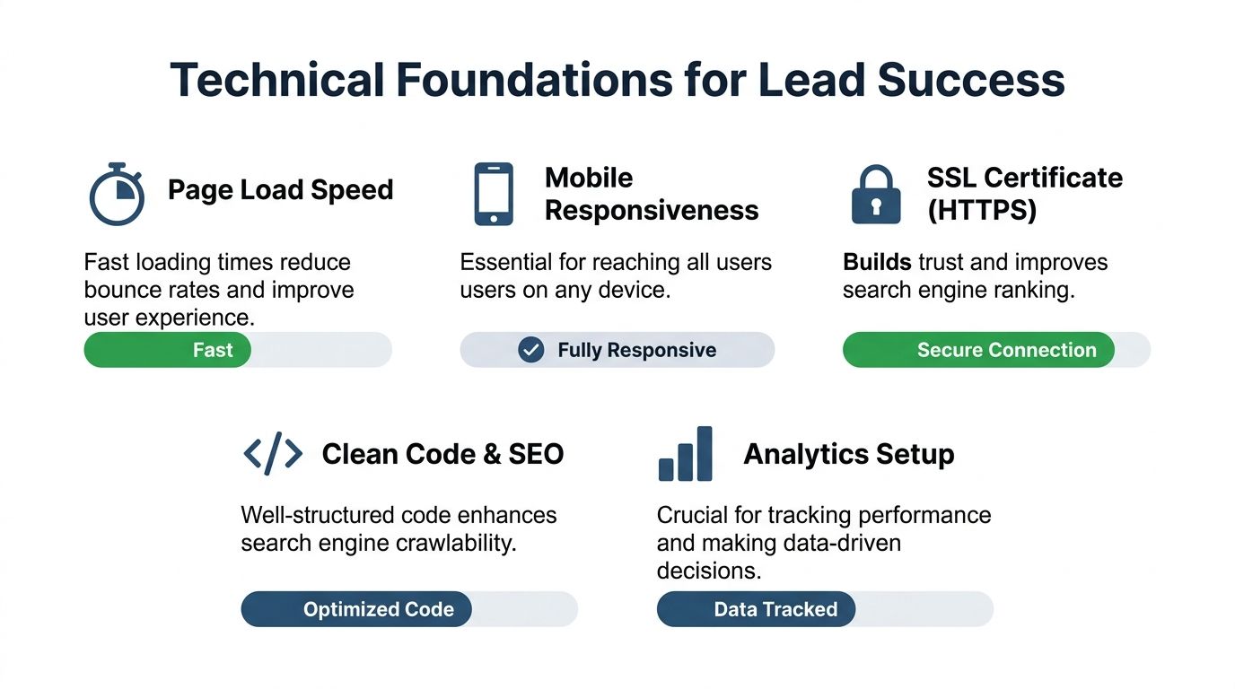 Website Design For Lead Generation: Uk Guide 2026 4 An Infographic Titled Technical Foundations For Lead Success Outlining Key Web Elements Like Page Speed, Responsiveness, And Seo.