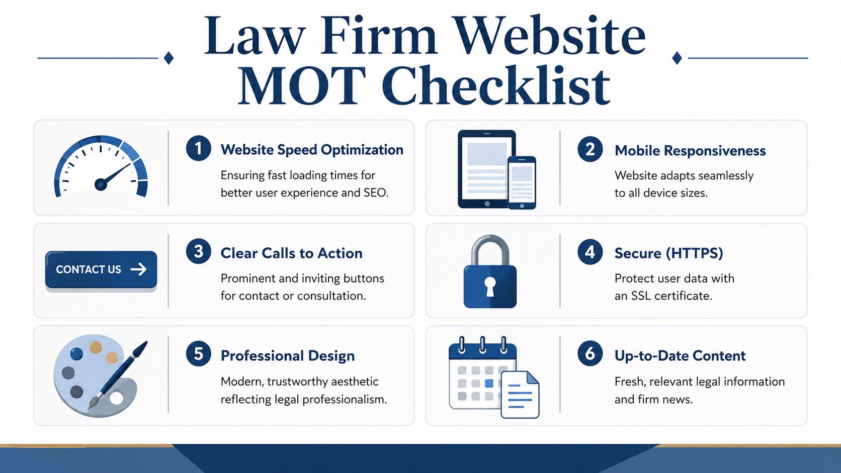 Website Marketing For Lawyers: Your 2026 Success Guide 1 A Checklist Infographic Illustrating Six Essential Elements For Optimizing A Professional Law Firm Website For Digital Marketing.