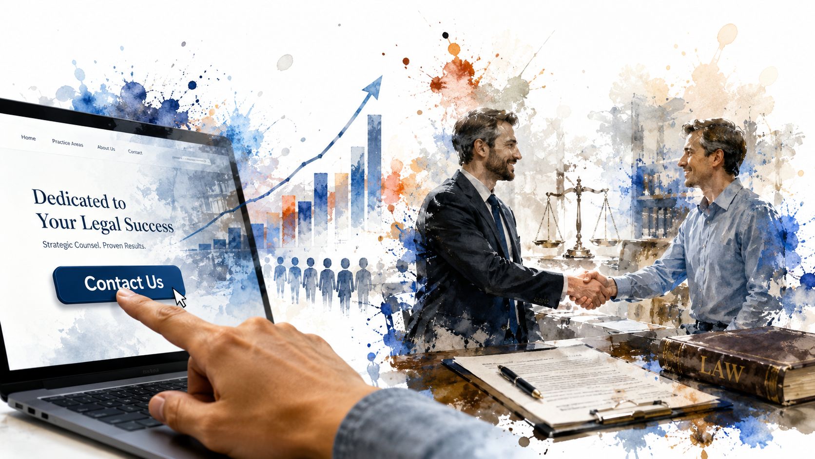 Website Marketing For Lawyers: Your 2026 Success Guide 3 A Hand Clicks A Contact Button On A Laptop Showcasing Professional Legal Services And Business Success.