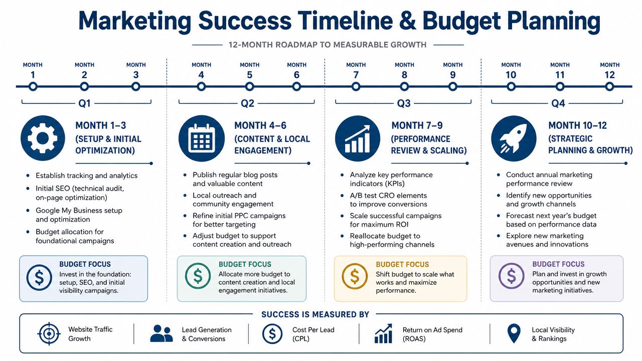 Website Marketing For Lawyers: Your 2026 Success Guide 4 A 12-Month Marketing Roadmap And Budget Planning Infographic Outlining Quarterly Strategies For Business Growth And Performance.