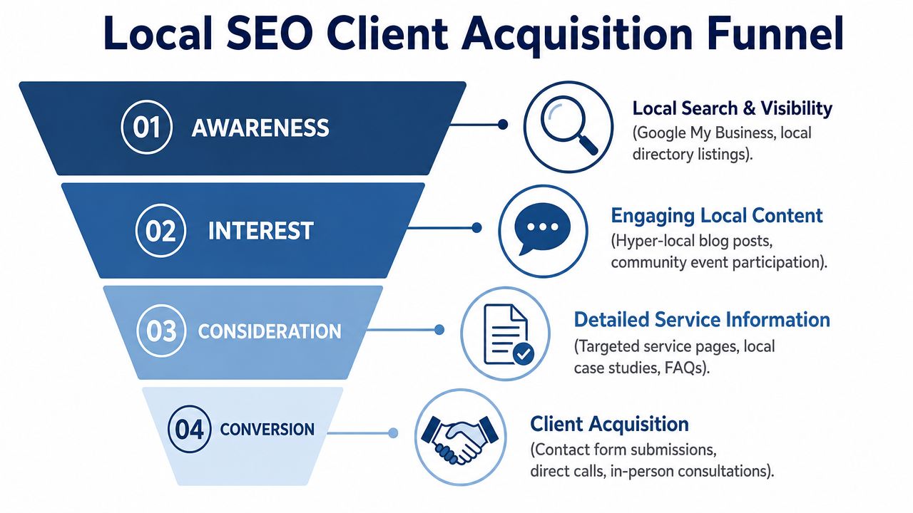 Website Marketing For Lawyers: Your 2026 Success Guide 2 A Four-Stage Funnel Diagram Illustrating The Local Seo Client Acquisition Process For Businesses And Marketing Professionals.
